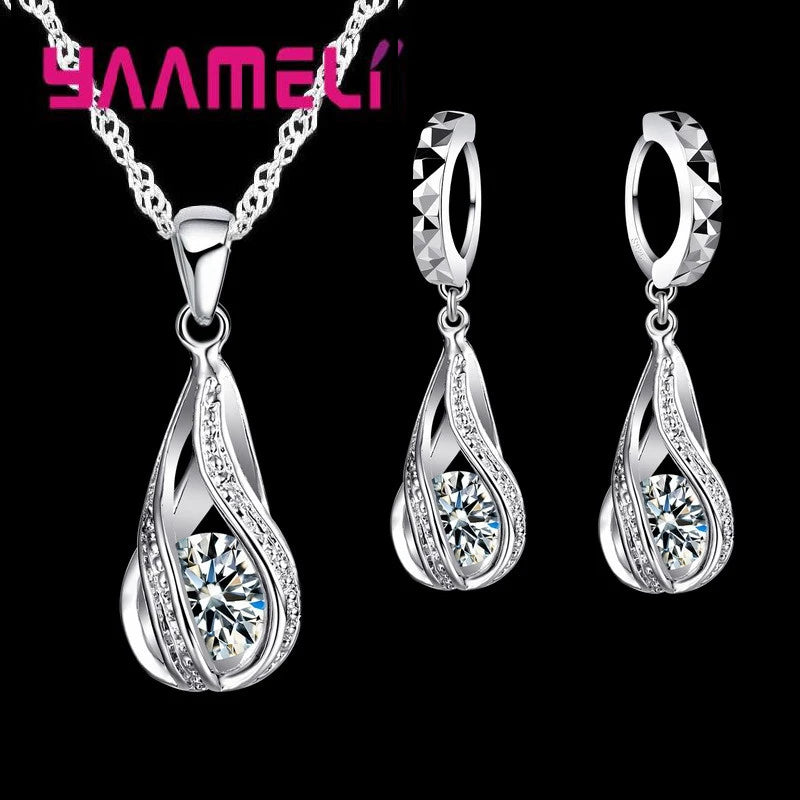 Crystal Water Drop Jewellery Set – Silver-Plated Necklace & Hoop Earrings