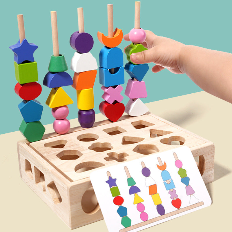 Wooden Shape Sorting Box – Montessori Beads & Columns Toy