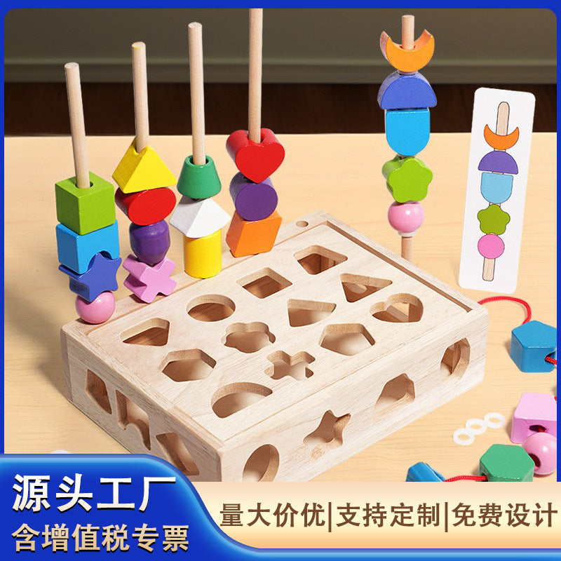 Wooden Shape Sorting Box – Montessori Beads & Columns Toy