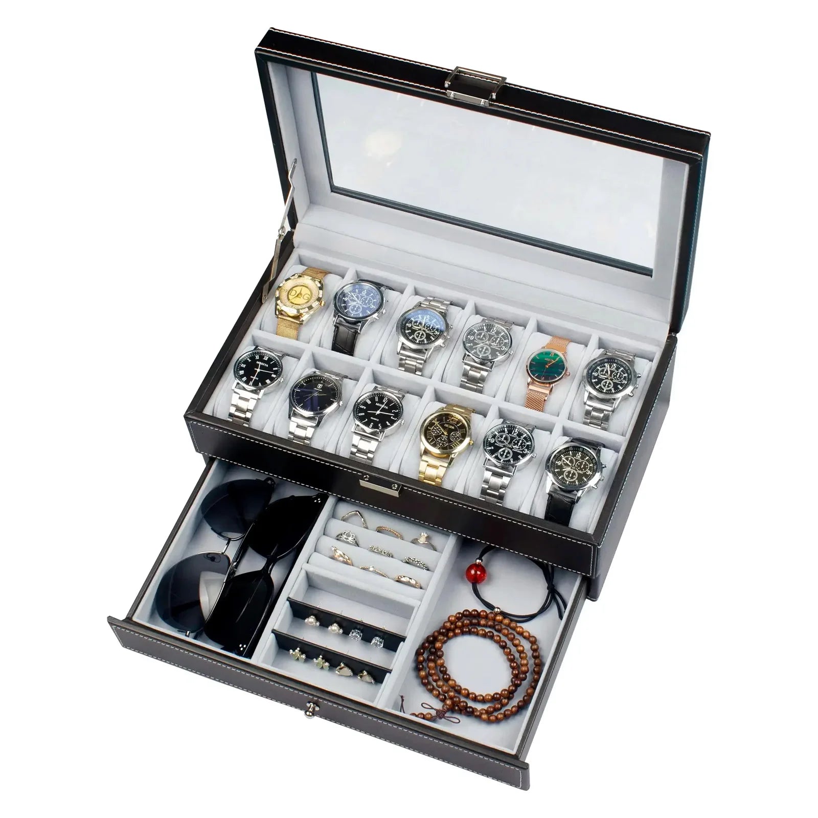 DELESYS Eco-Friendly Leather Double-Layer Watch Jewelry Box with Lock Large Capacity Storage Organizer for Holiday Gifts