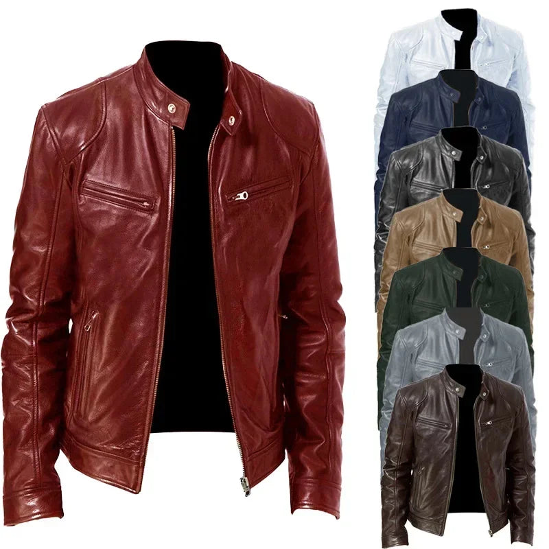 Men's Short Leather Jacket – Lapel Zip Windproof Biker Coat