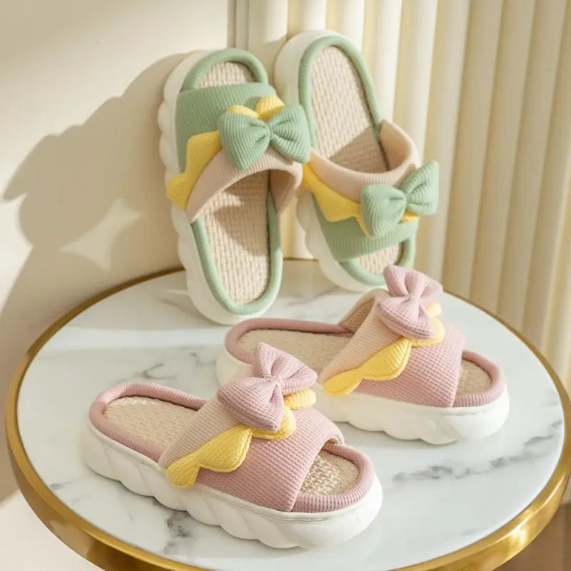 Linen House Slippers – Cosy Anti-Slip Bowknot Indoor Slides