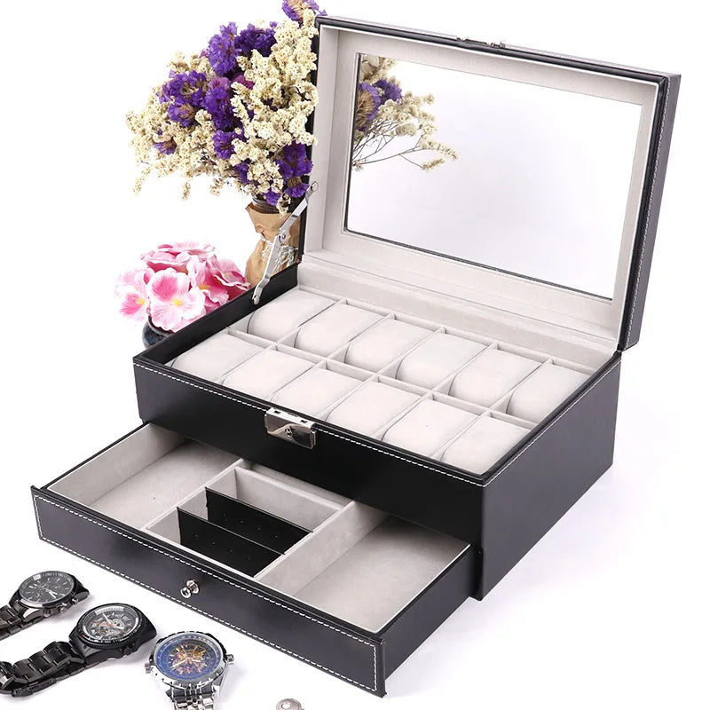 DELESYS Eco-Friendly Leather Double-Layer Watch Jewelry Box with Lock Large Capacity Storage Organizer for Holiday Gifts