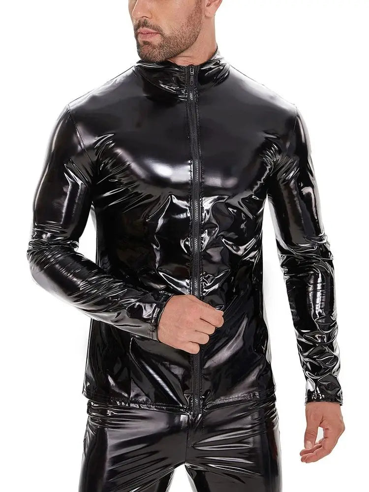 Men's Shiny PU Long-Sleeve Top – Wet-Look Moto Style (5–7XL)