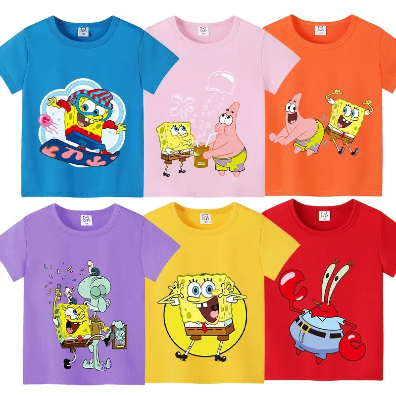 SpongeBobs SquarePants Kids T-shirt Summer Children Cotton Short Sleeve Tops Boy Anime Fashion Cute Tee Girl Casual Clothes Gift