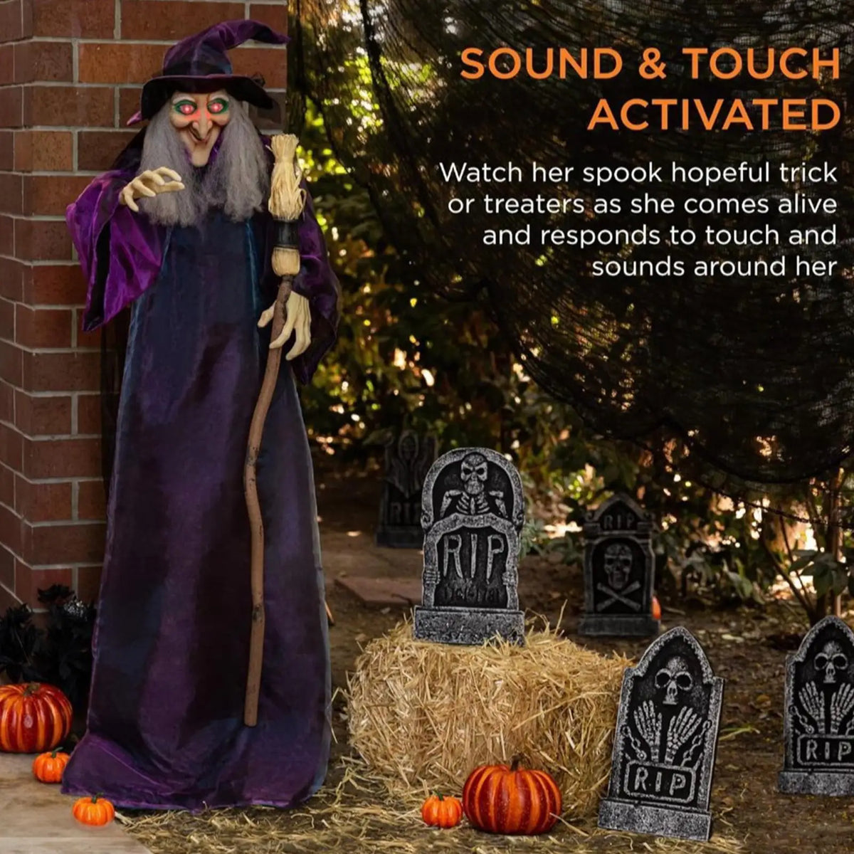 Halloween Talking Witch with Sound&Glowing Eyes Spooky Animatronic Witch Halloween Party Decorations Scary Haunted House Props