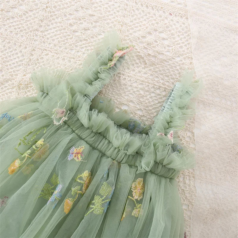 Girls Green Floral Chiffon Princess Dress (6M–5Y)