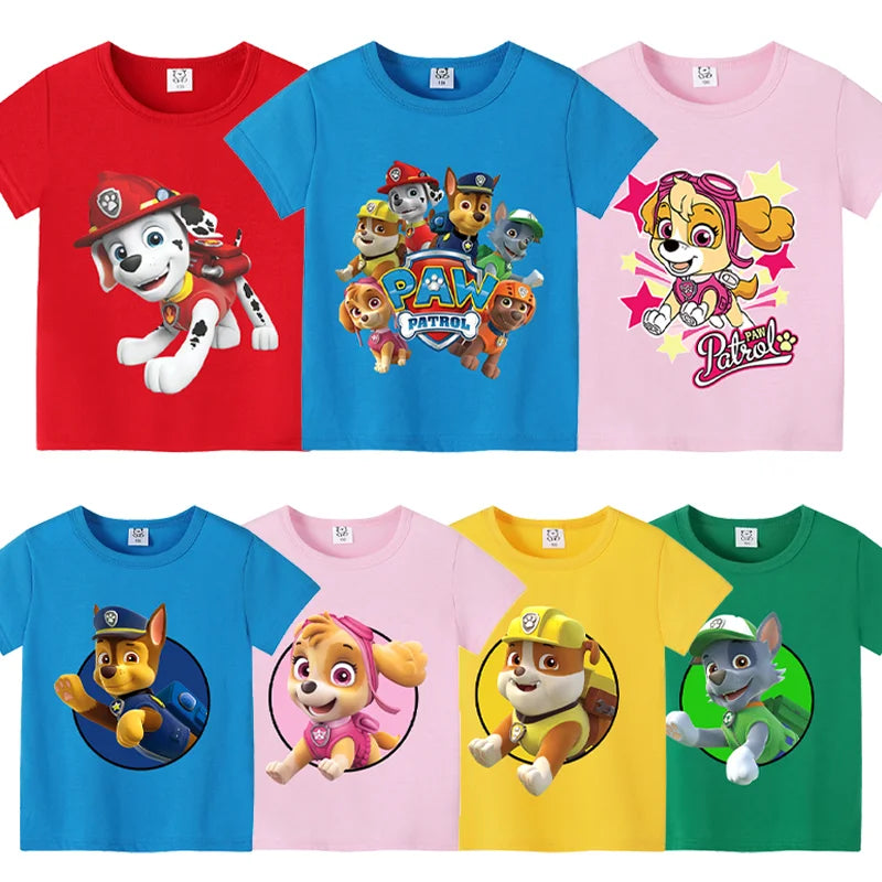 PAW Patrols T-Shirt Chase Skye Cartoon Print Tees Tops Summer Casuals Clothes Girls Boys Cotton Short Sleeve T-Shirts Kids Gifts