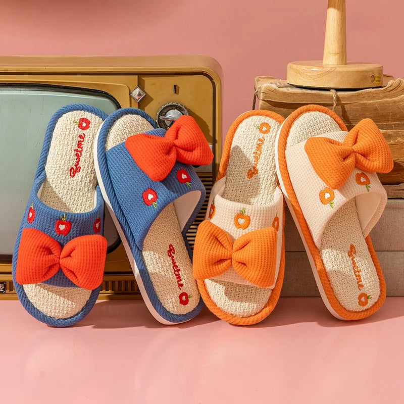 Ladies Linen Bow Slippers – Cute Anti-Slip House Shoes