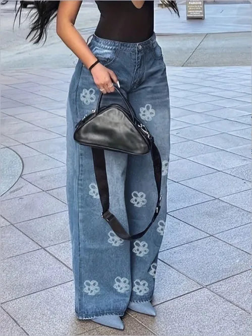 Women's Floral Print Jeans – High-Waist Loose Straight-Leg