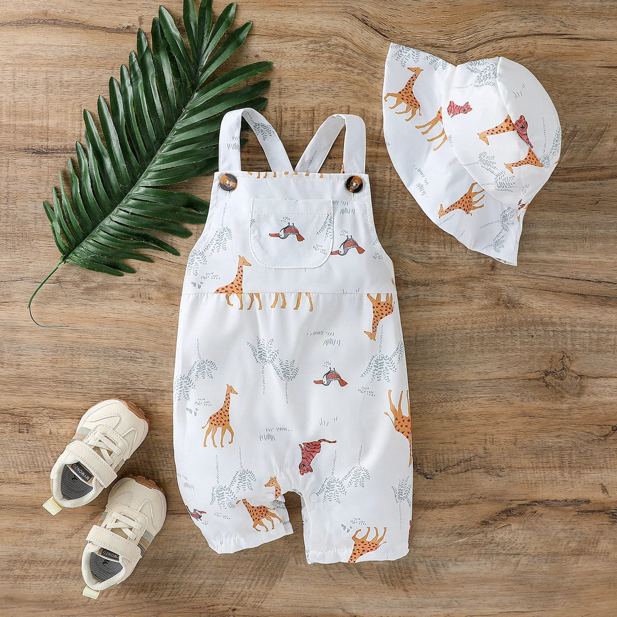 Baby Boys Romper & Sun Hat Set – Cartoon Animal Summer Outfit (3–24 Months)