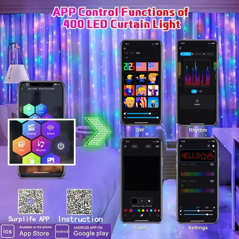 400 LED Smart Curtain Lights - App & Remote, Music Sync