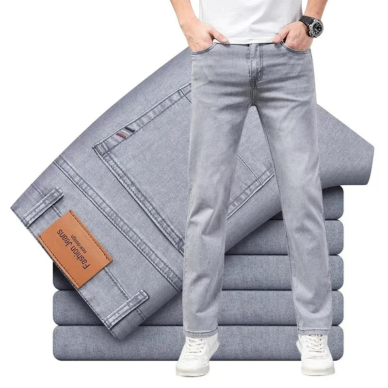 Men's Thin Stretch Jeans – Grey Business Casual Denim