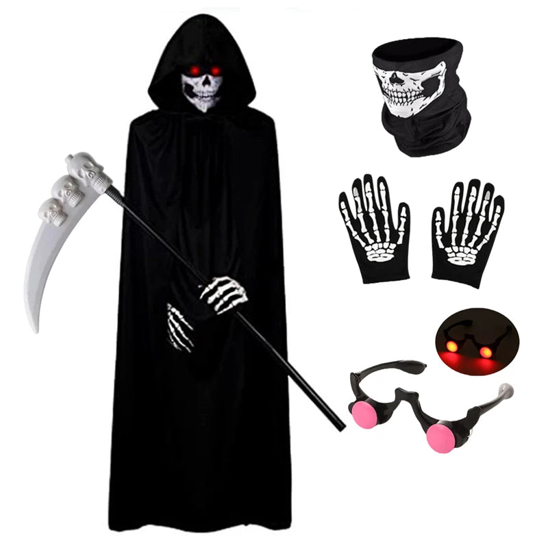 Kids Grim Reaper Costume Hooded Robe Glowing Red Eyes Gloves Mask Halloween Boys