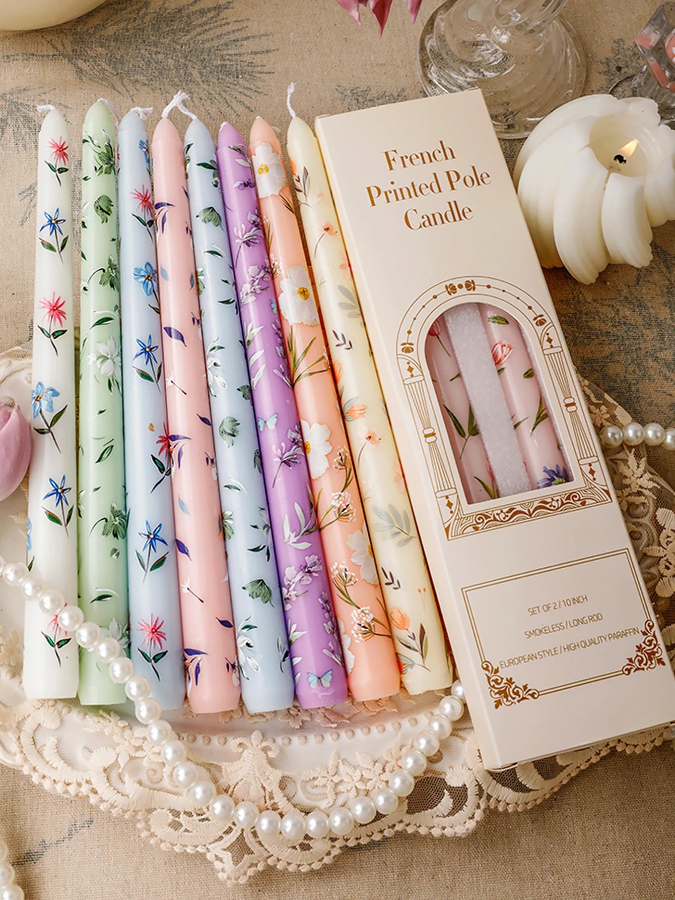 25cm Printed Long Stick Candles Smokeless Decorative Candles for European Style Romantic Candlelight Dinner Wedding Festival
