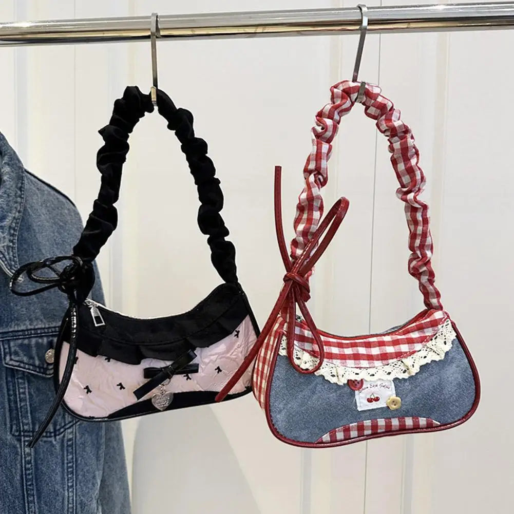 Quilted Grid Shoulder Bag – Lace Ribbon Underarm Handbag