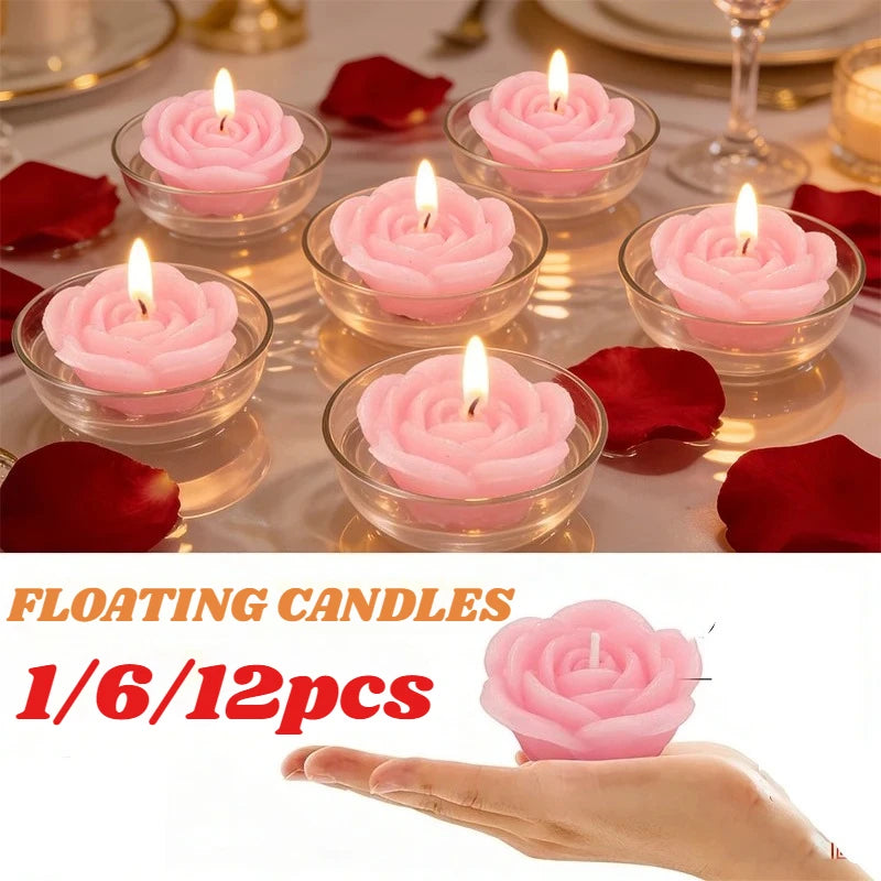 1/6/12pcs Rose-shaped Lamp Floating Candle Dinners Anniversary Weddings Events Decor Supplies Romantic Flame Candlelight Candle