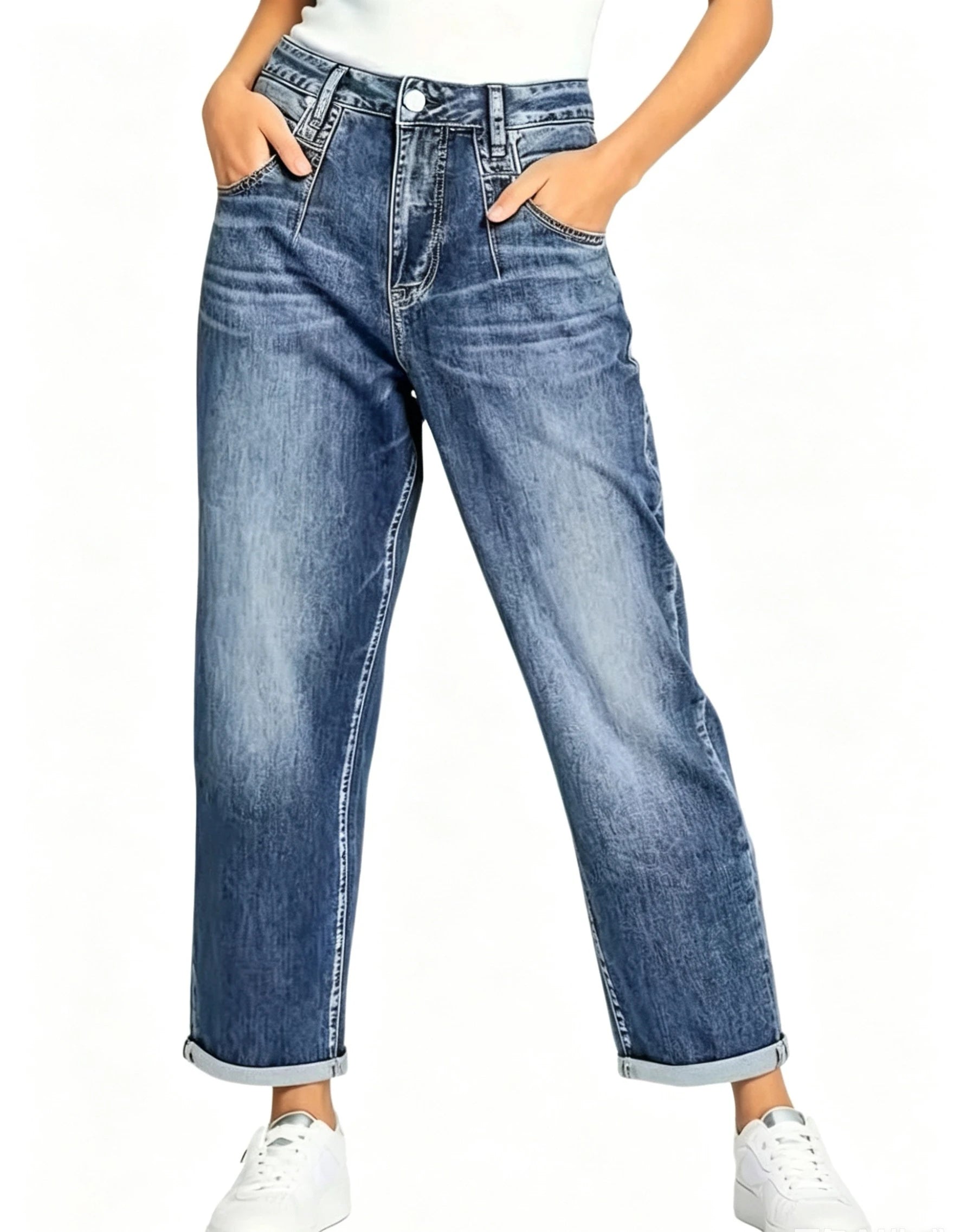 Women's High-Waist Cropped Jeans – Rolled-Hem Straight Leg