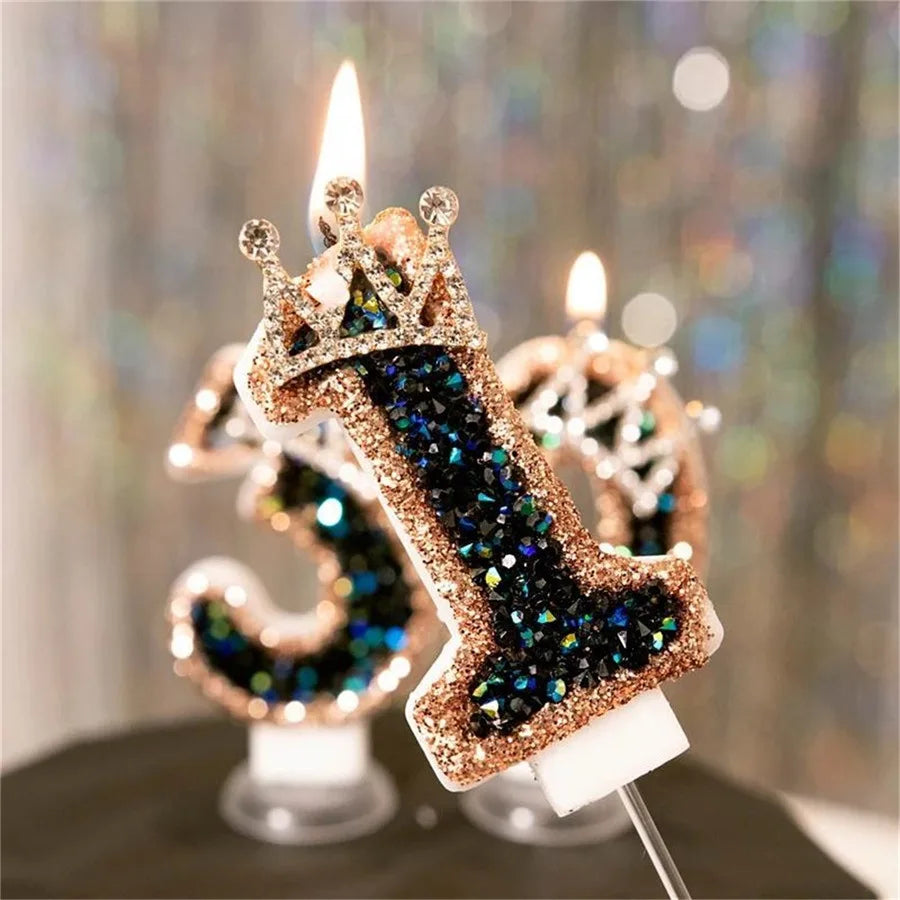 Luxury Crown Number Birthday Candles, Glitter Rhinestone Cake Topper Candles for Party Decoration, Anniversary, Wedding, Baby Sh