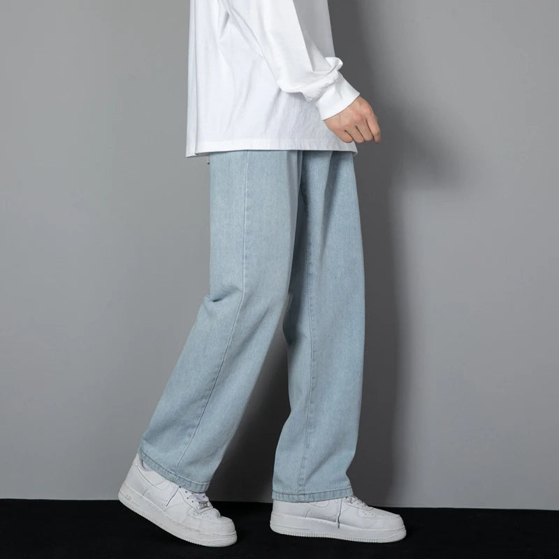 Men's Korean-Style Straight Jeans – Classic Wide-Leg Denim