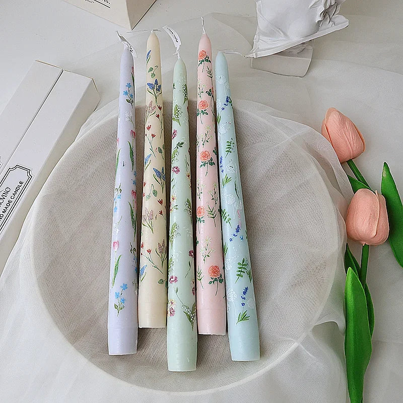 7.5'' Taper Scented Candles Romantic Hand Painted Rose Long Candle for Dinner Table Decoration Wedding Country Decor
