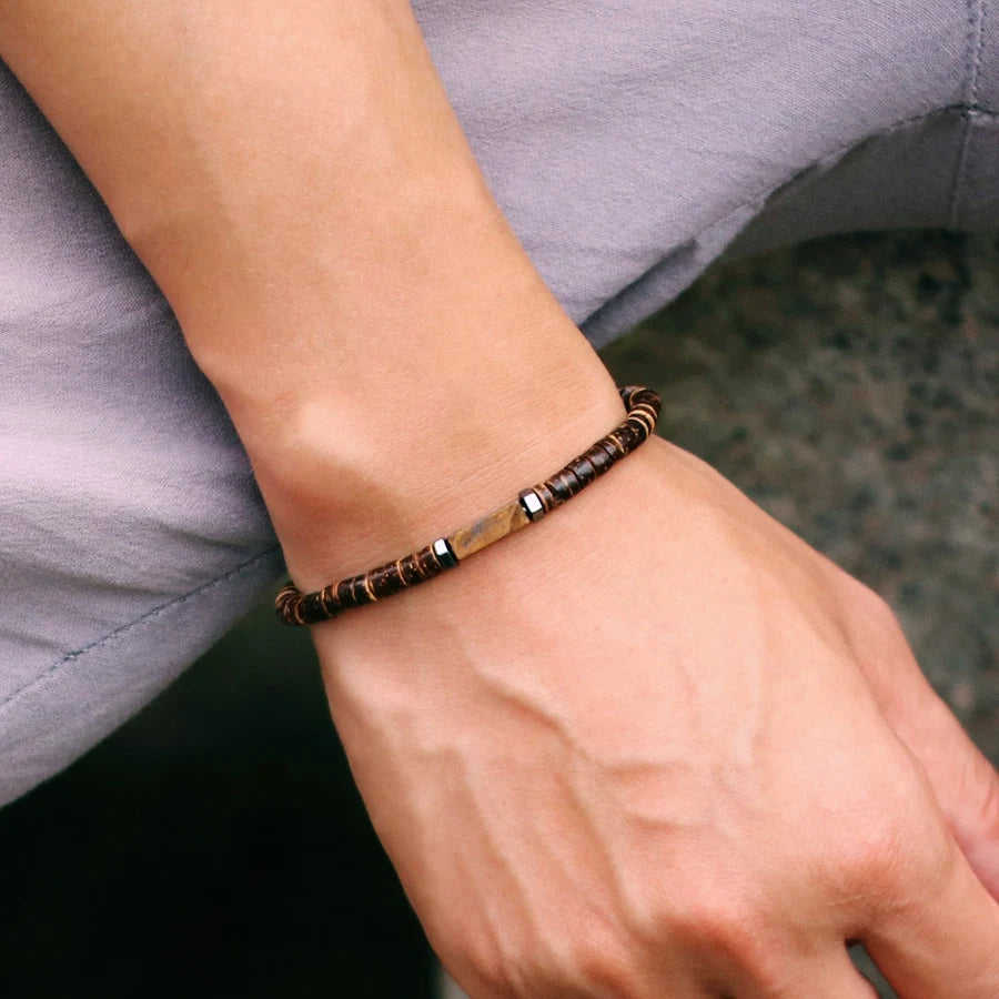 Wooden & Tiger Eye Bead Bracelet – Natural Stone Unisex Jewellery