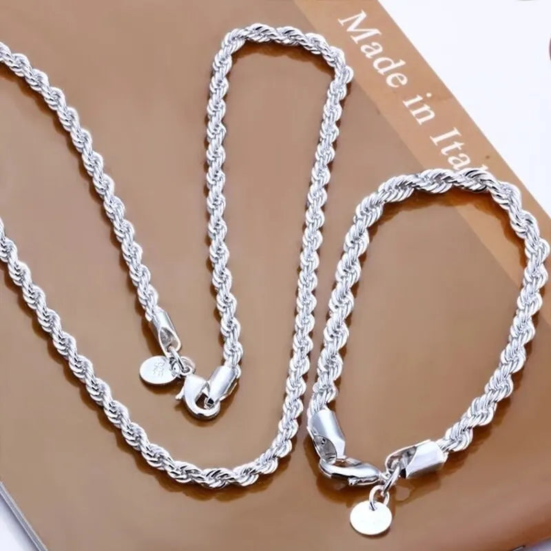 Silver Twisted Rope Chain Set – 4mm Necklace & Bracelet