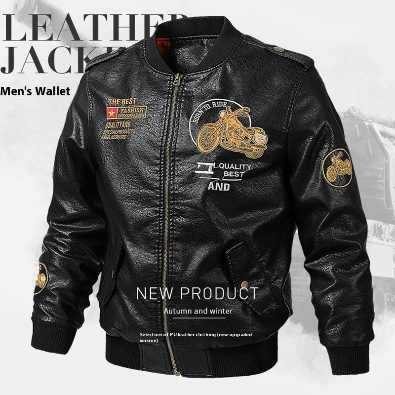 Men's Retro PU Leather Biker Jacket – Fleece-Lined Motorcycle Jacket