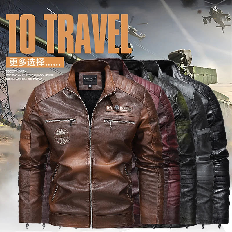 Men's Vintage Leather Jacket – Stand Collar Motorcycle Coat (up to 7XL)