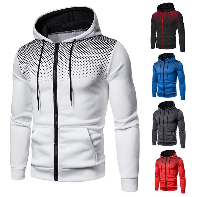 Men's Zip-Up Hoodie – Polka Print Slim-Fit Sports Sweatshirt