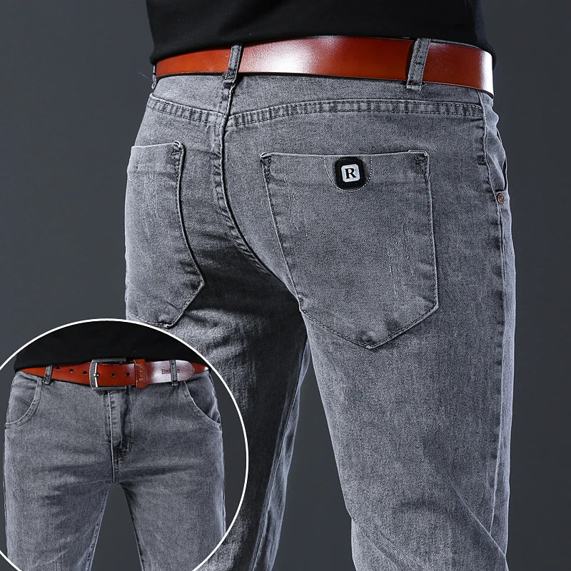 Men's Slim Straight Jeans – Comfortable Grey Stretch Denim