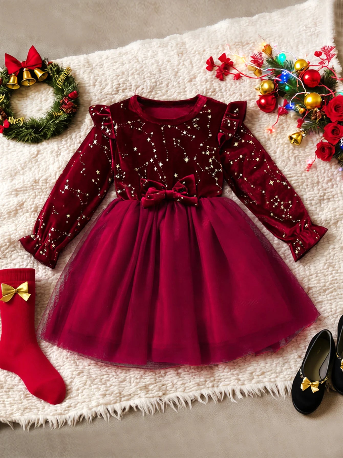 Girls Velvet & Mesh Bow Party Dress
