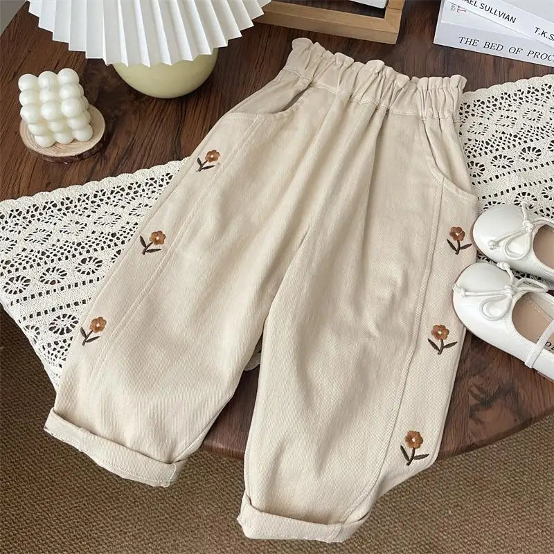 Girls Flower Embroidered Casual Trousers (2–6Y)