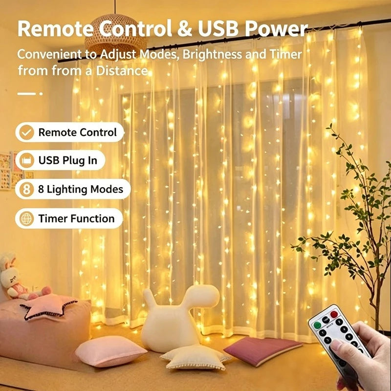 300 LED Curtain Lights - Remote, 8 Modes, 3x3m