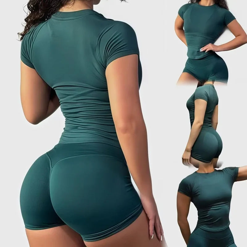 Seamless 2-Piece Gym Set – Short Sleeve Top & Shorts Leggings