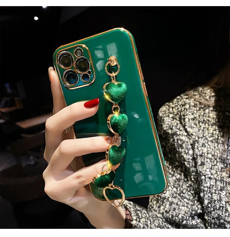 Heart Chain Phone Case – Metal Bracelet Cover for iPhone 11–16