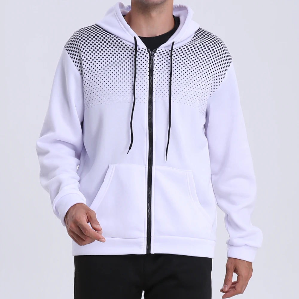 Men's Zip-Up Hoodie – Polka Print Slim-Fit Sports Sweatshirt