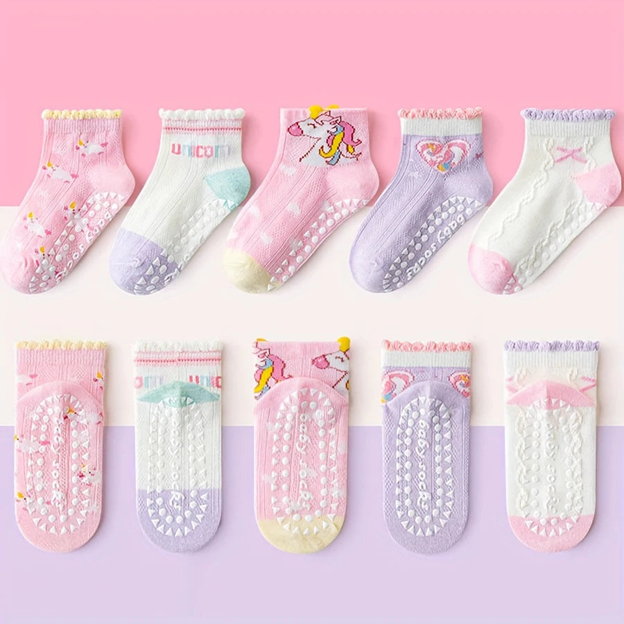 Kids Non-Slip Floor Socks 5-Pack – Unicorn & Rainbow Grip Socks