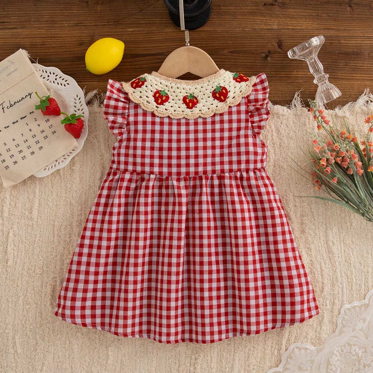 Girls Strawberry Check Summer Dress (9M–4Y)