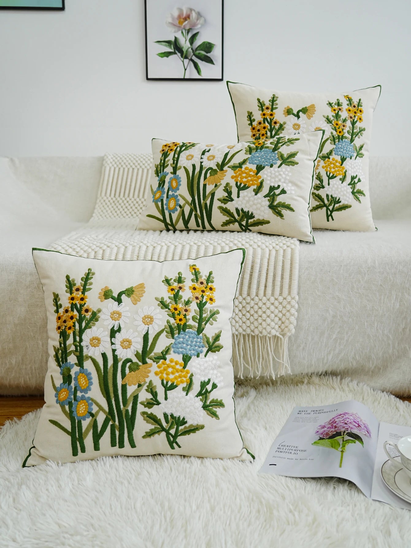 Garden Floral Embroidered Cushion Cover – Elegant Accent Case