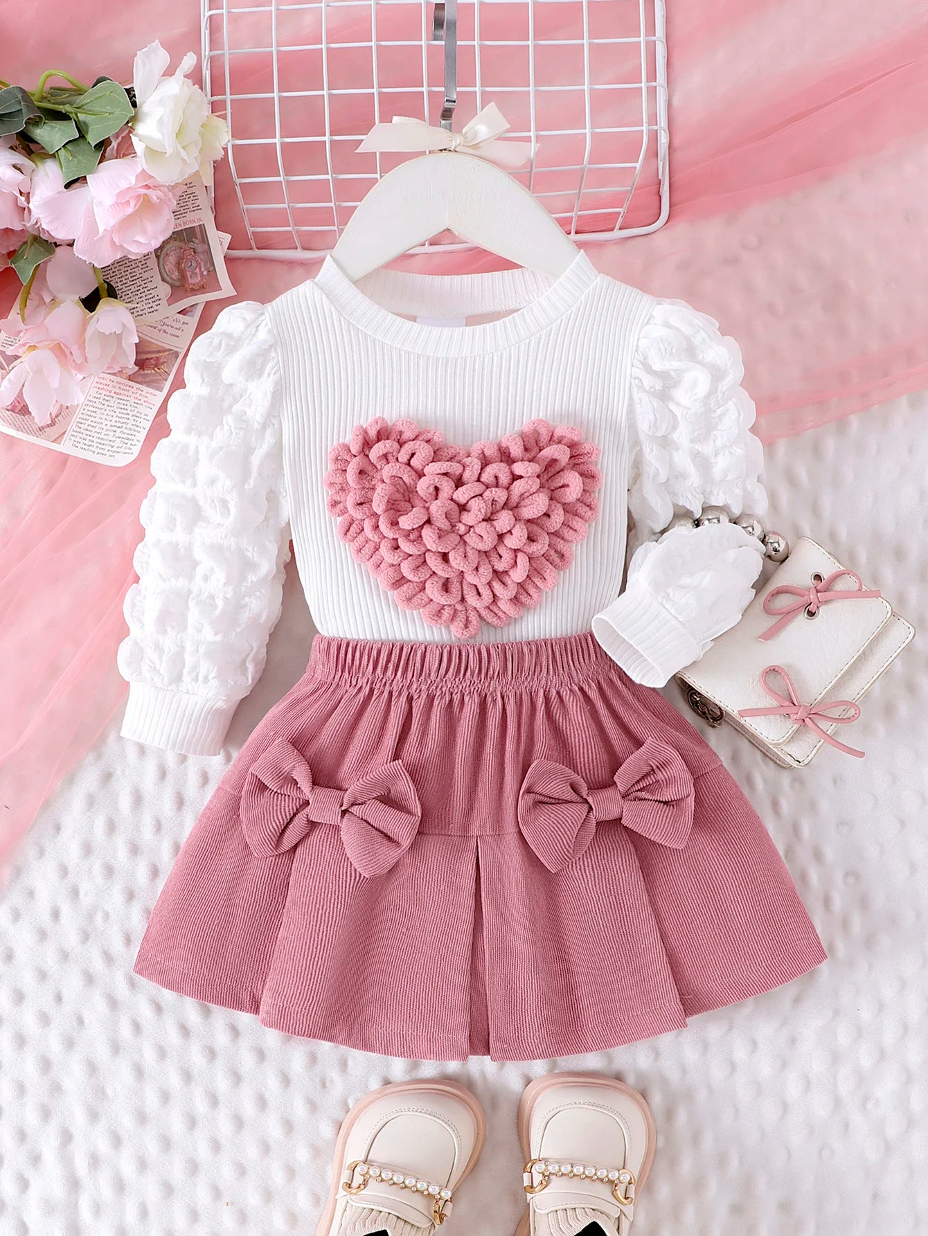 Girls Bubble-Sleeve Top & Pink Skirt Set (0–3Y)
