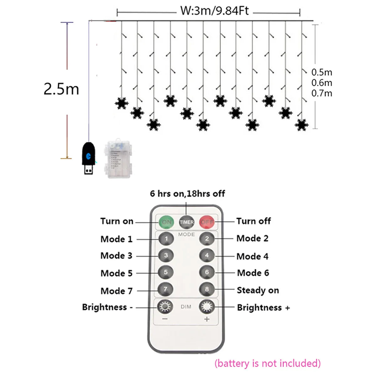 LED Snowflake Curtain Lights Window Christmas Decoration - USB Plug-In with Remote