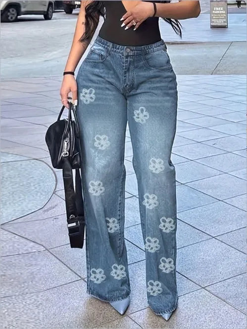 Women's Floral Print Jeans – High-Waist Loose Straight-Leg