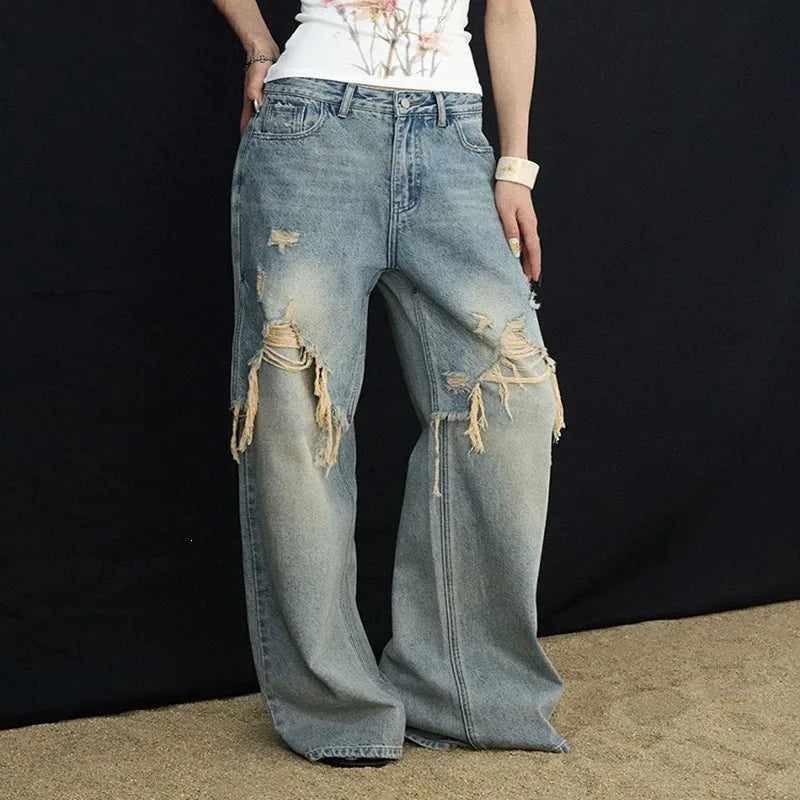Women's Distressed Wide-Leg Jeans – High-Street Patchwork Denim
