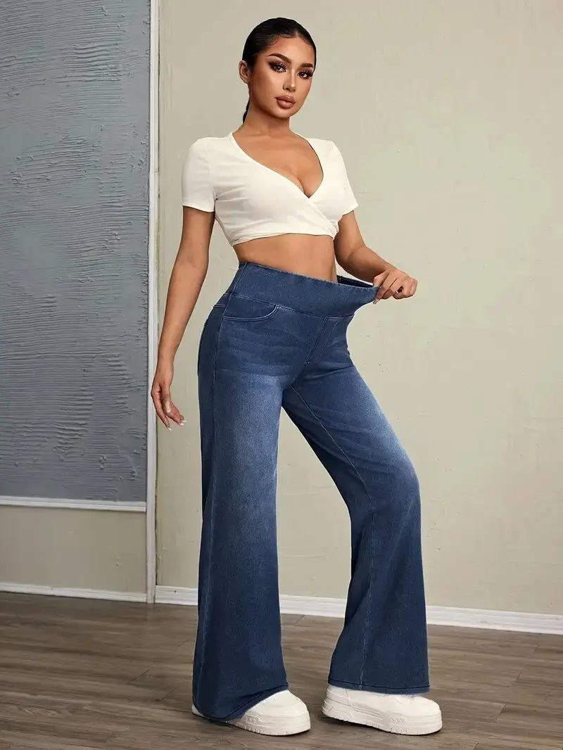 Women's Elastic-Waist Stretch Jeans – Comfy Straight-Leg Denim