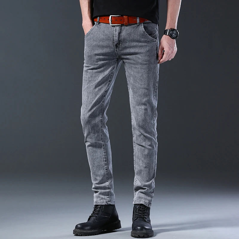 Men's Slim Straight Jeans – Comfortable Grey Stretch Denim