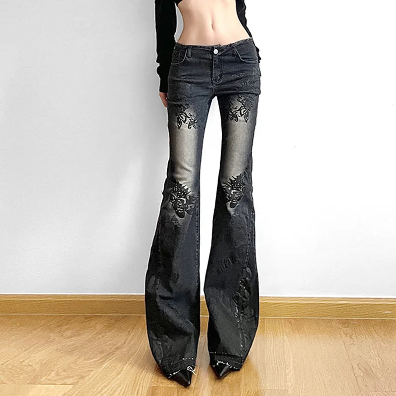 Women's Vintage Flare Jeans – Low-Rise Plant Print Denim