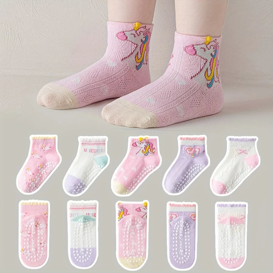 Kids Non-Slip Floor Socks 5-Pack – Unicorn & Rainbow Grip Socks