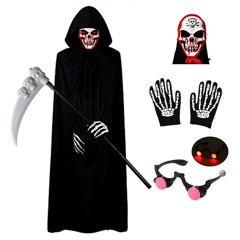 Kids Grim Reaper Costume Hooded Robe Glowing Red Eyes Gloves Mask Halloween Boys