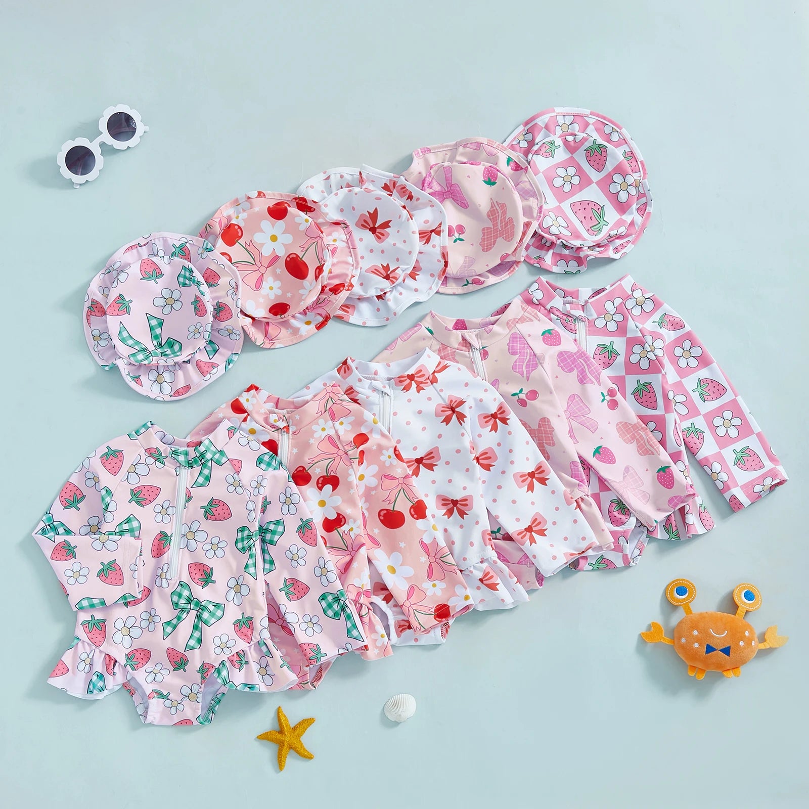 Baby Girls Rash Guard Swim Set with Sun Hat